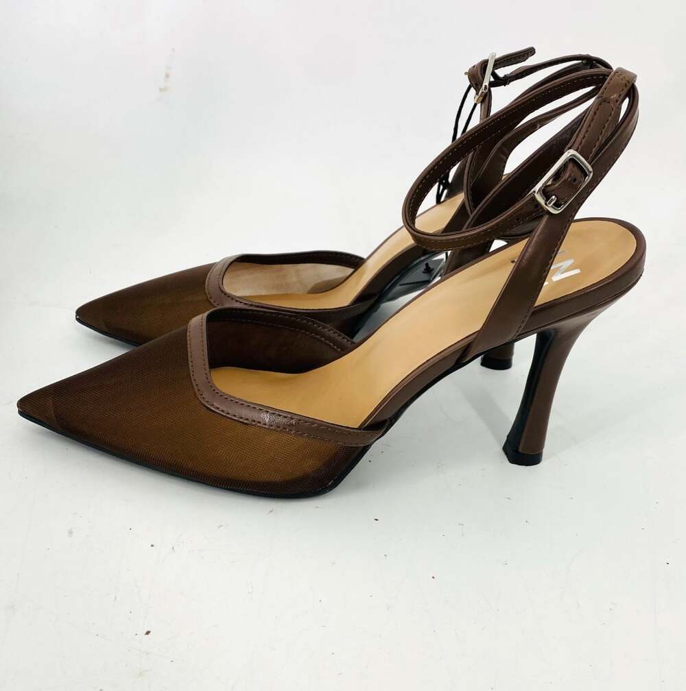 NIB Madden NYC Chocolate Brown Mesh Pointed Toe Ankle Strap Heels Women's 10
